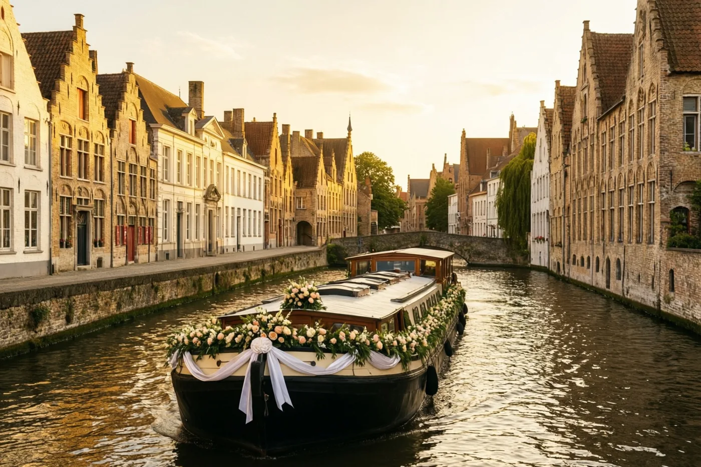 Een boot versierd met bloemen en witte linten vaart door een smal kanaal in een oud Vlaams stadje, langs bakstenen en natuurstenen gebouwen in warm gouden licht.