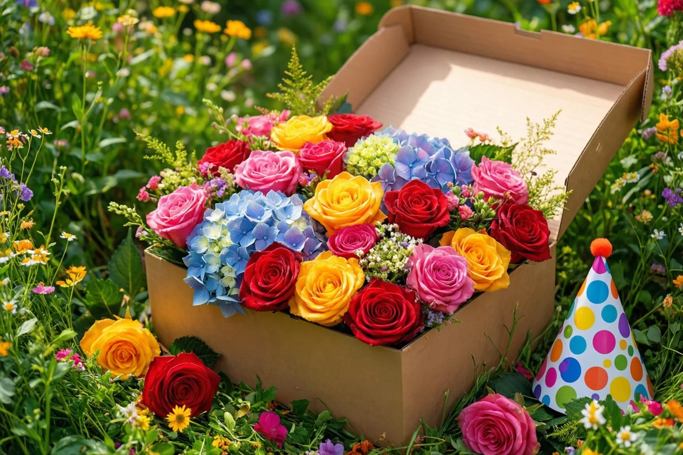 Een open kartonnen geschenkdoos vol kleurrijke rozen en hortensia's staat in een kleurrijke tuin, met een gestipt feesthoedje ernaast.