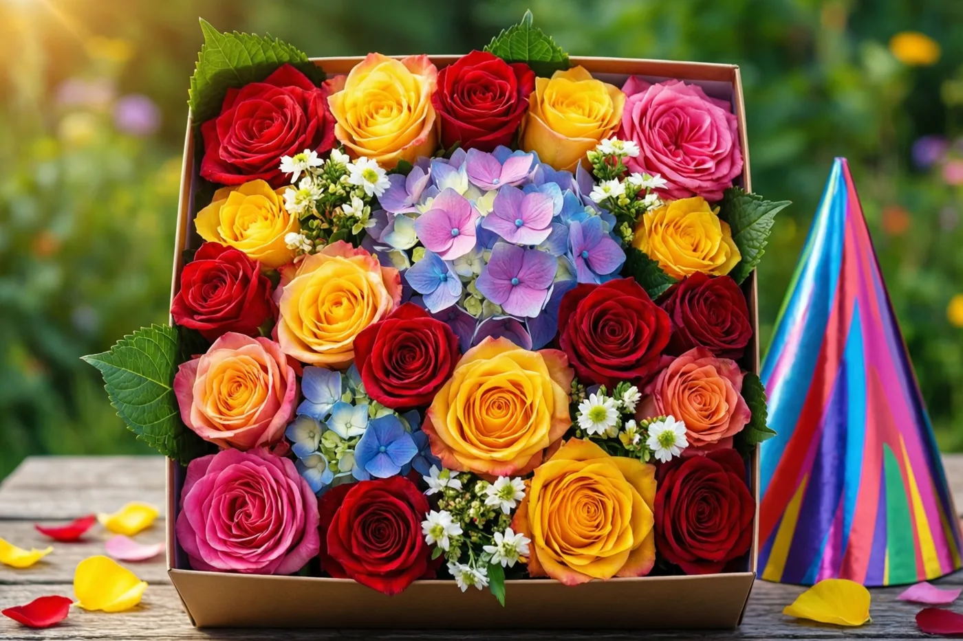 Een open kartonnen geschenkdoos met kleurrijke rozen en hortensia's staat op hout naast een papieren feesthoedje met regenboogstrepen en losse bloemblaadjes, met een onscherpe groene tuin op de achtergrond.