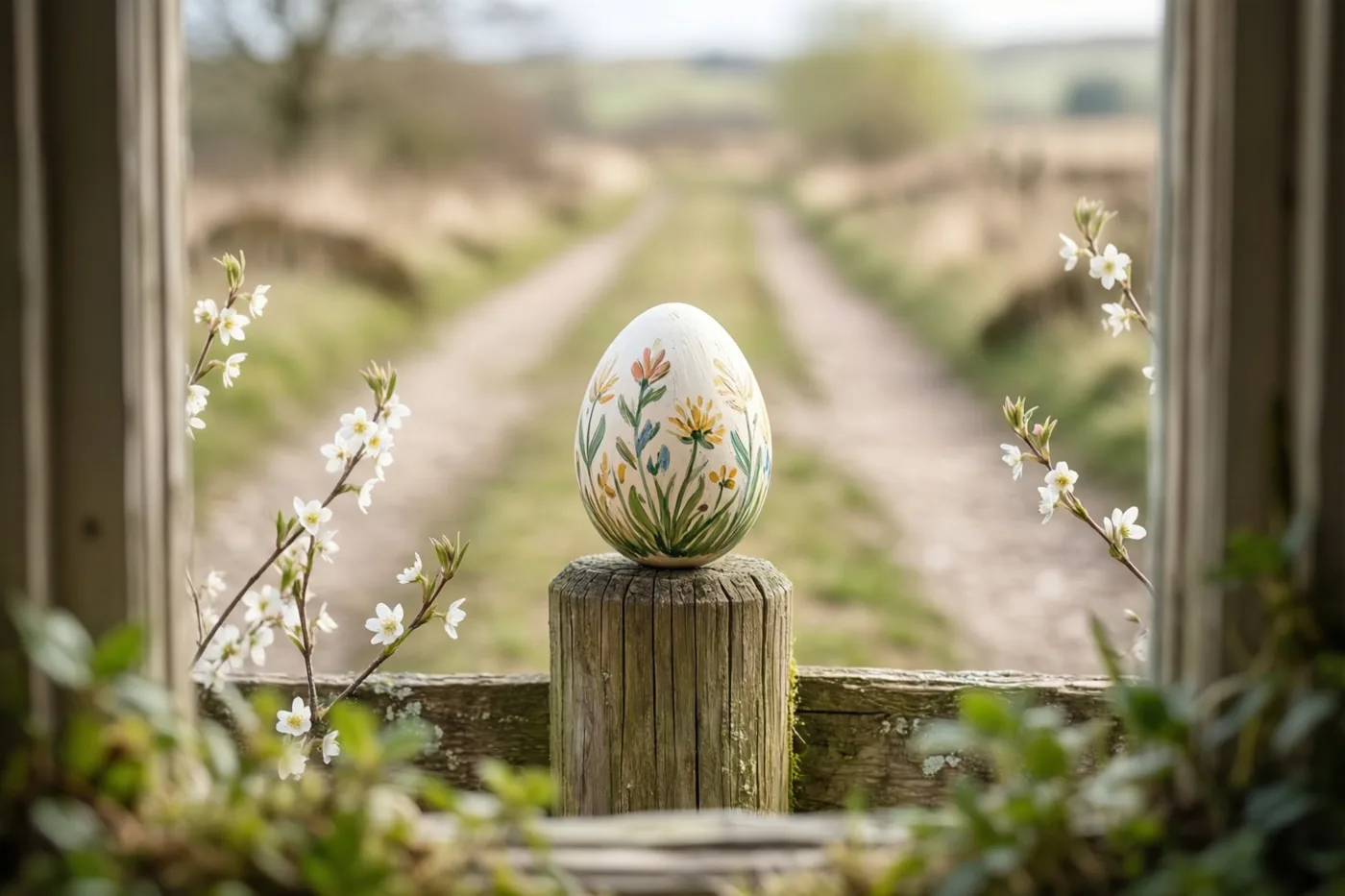 Door een raam is een handbeschilderd paasei met bloemmotieven op een verweerde houten weidepaal te zien, met een wazig heidepad erachter en witte bloesems vooraan.