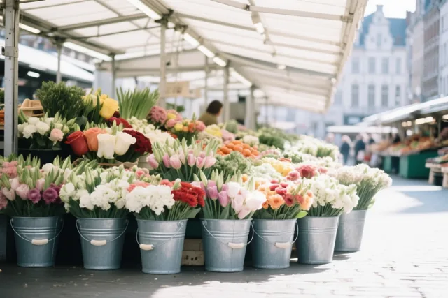 Een rij verzinkte emmers met kleurrijke verse bloemen staat onder een witte luifel aan een marktkraam, met historische gebouwen op de achtergrond.
