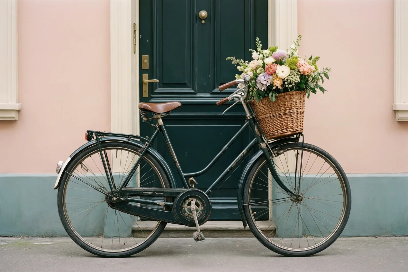 Een fiets in jaren-vijftigstijl met een rieten mand vol kleurrijke bloemen staat voor een donkergroene deur tegen een pastelroze muur met een blauwgroene plint.