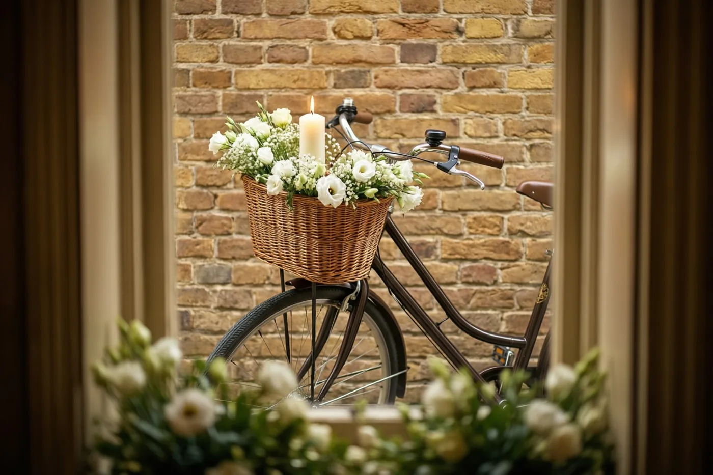 Door een raam met een houten kozijn is een oude fiets te zien die tegen een bakstenen muur leunt, met witte bloemen en een brandende communiekaars in de rieten mand.