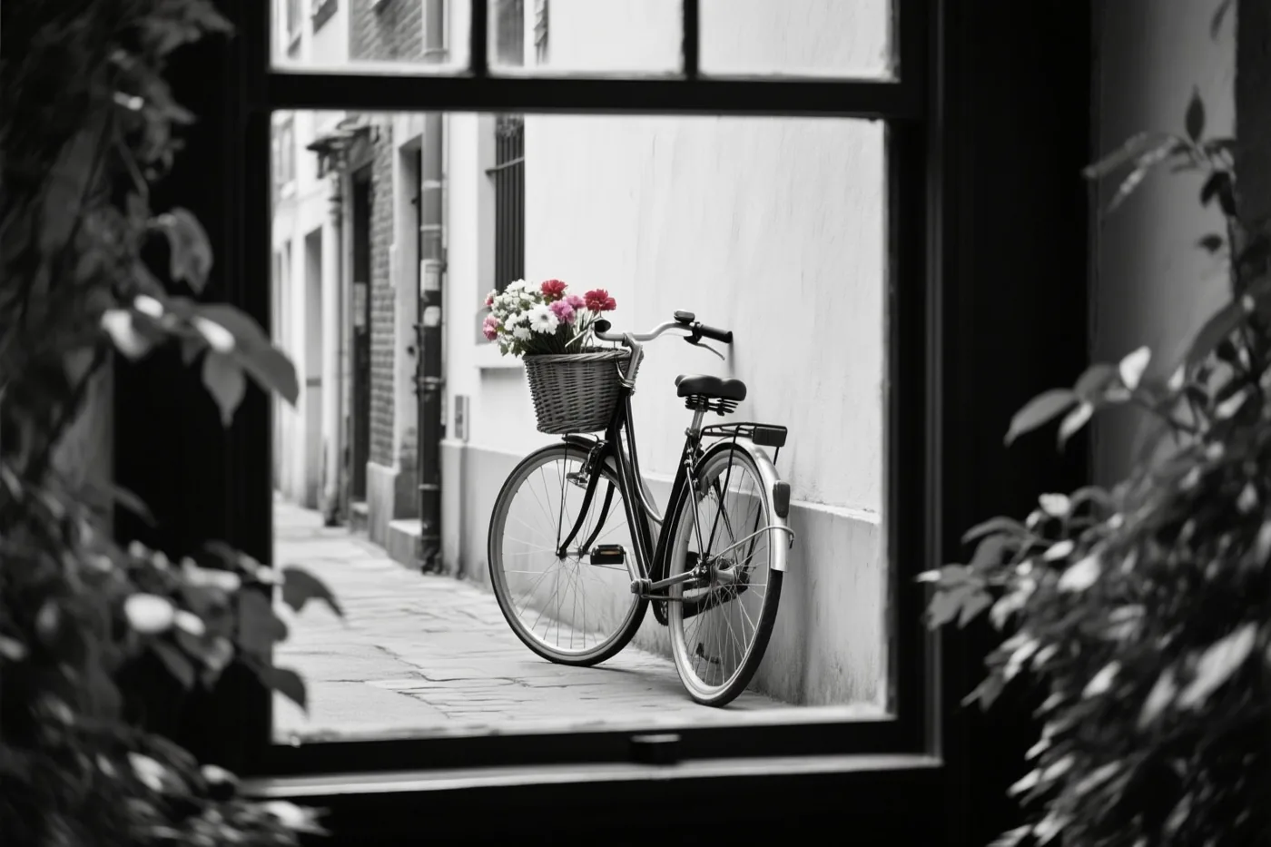 Door een raamkozijn met gebladerte aan beide kanten is een fiets met bloemenmand tegen een muur in een smalle straat te zien, waarbij alleen de bloemen in kleur zijn.