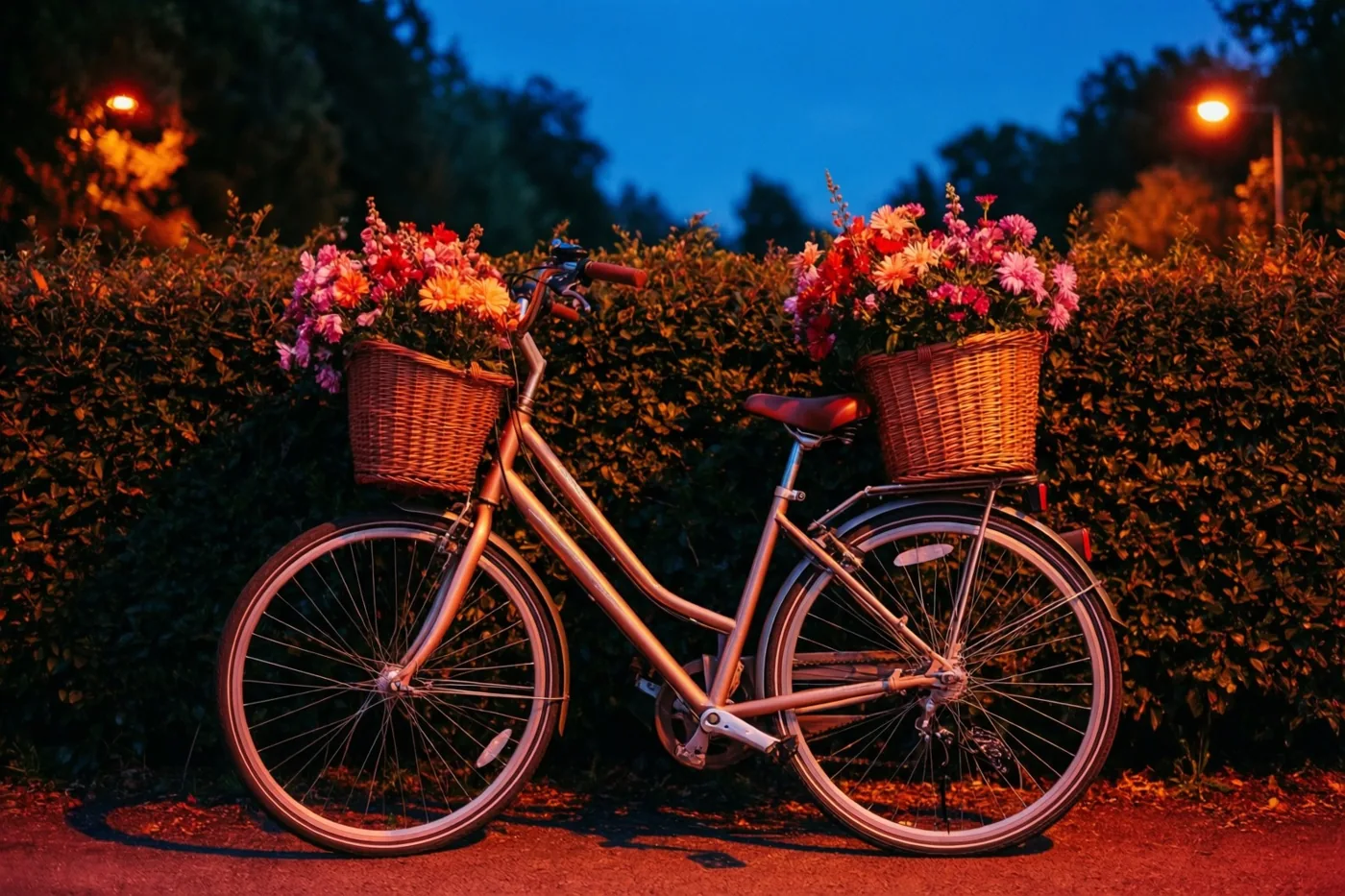 Een fiets met twee rieten manden vol kleurrijke bloemen leunt bij schemering tegen een haag, onder warme straatverlichting en een diepblauwe lucht.