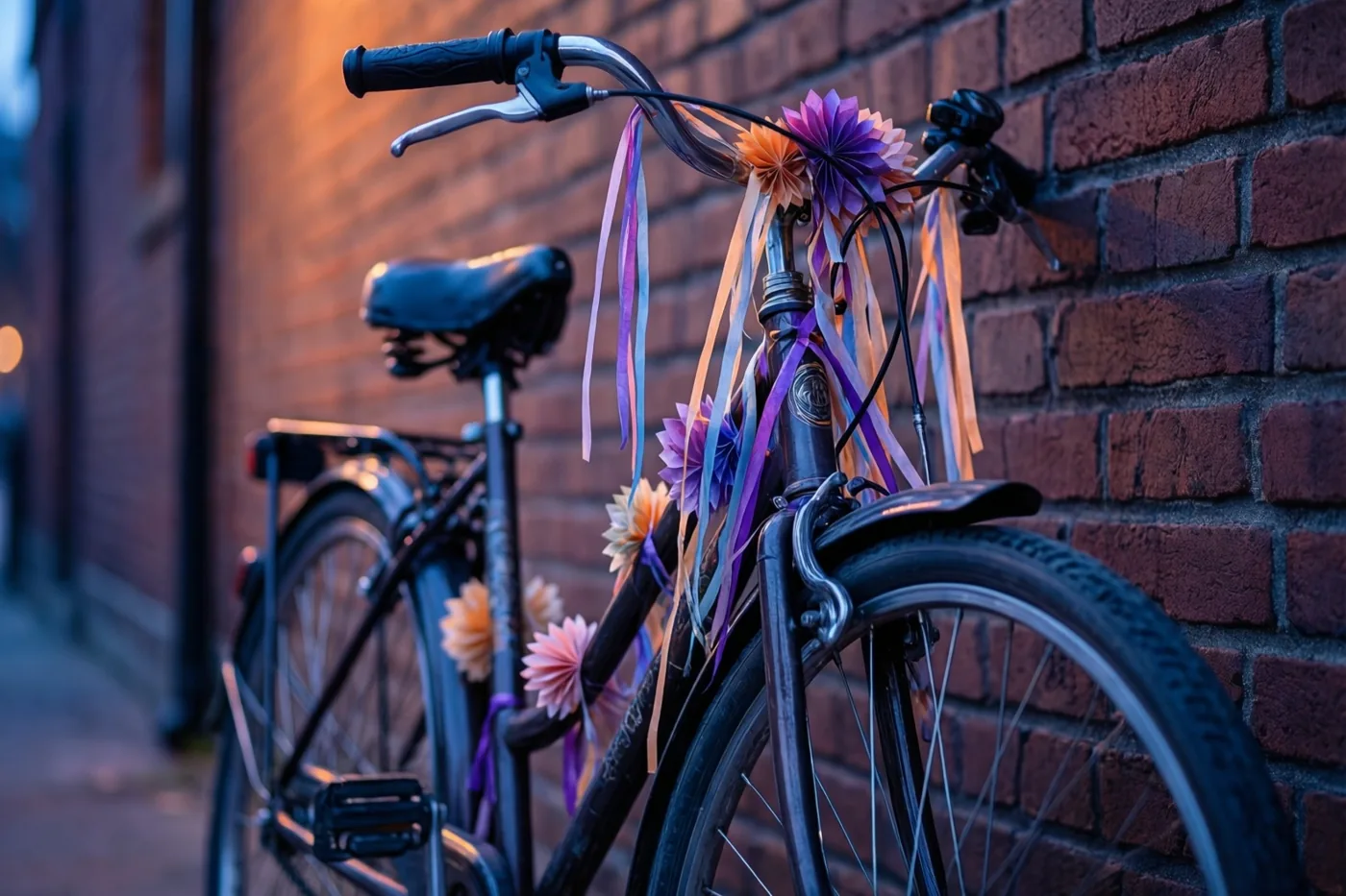 Een fiets met kleurrijke papieren bloemen en linten leunt tegen een rode bakstenen muur in warm gouden licht.