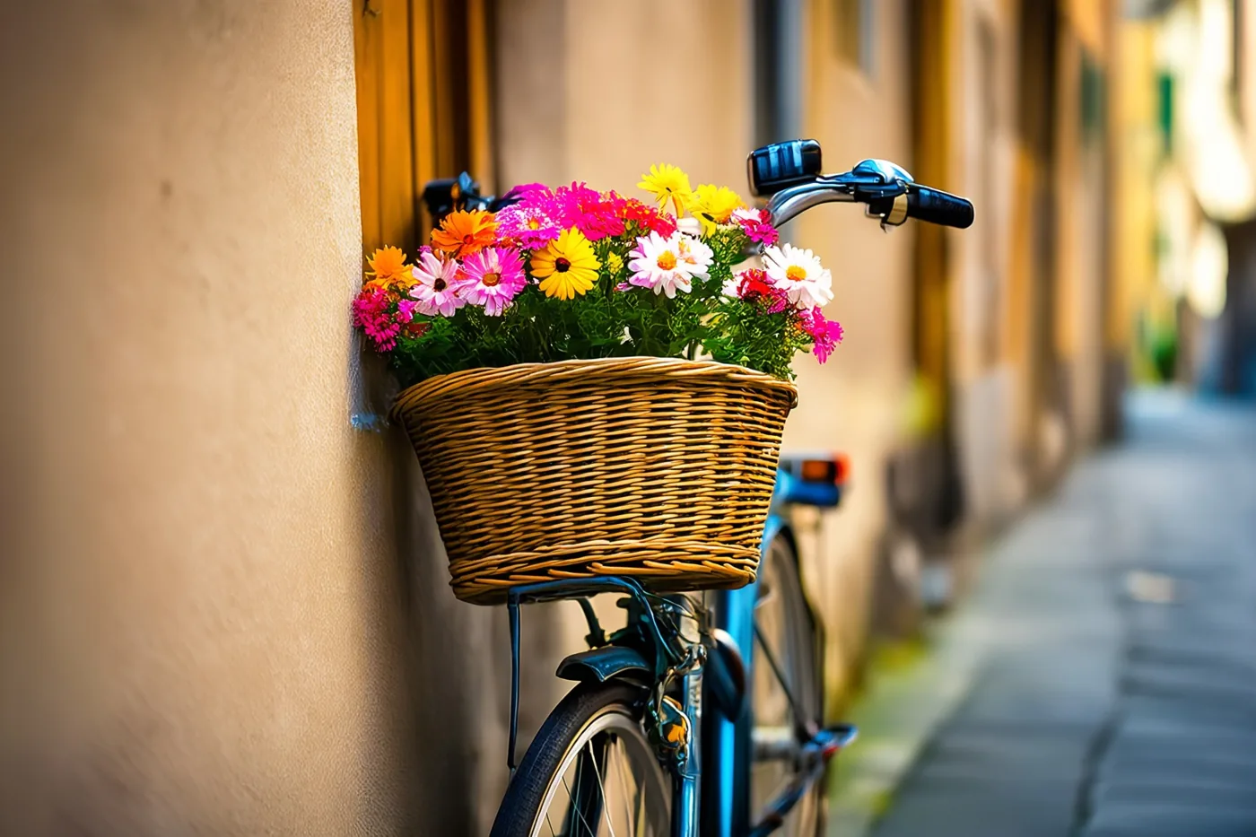 Een fiets met een rieten mand vol kleurrijke bloemen leunt tegen een beige muur in een smalle straat in warm zonlicht.