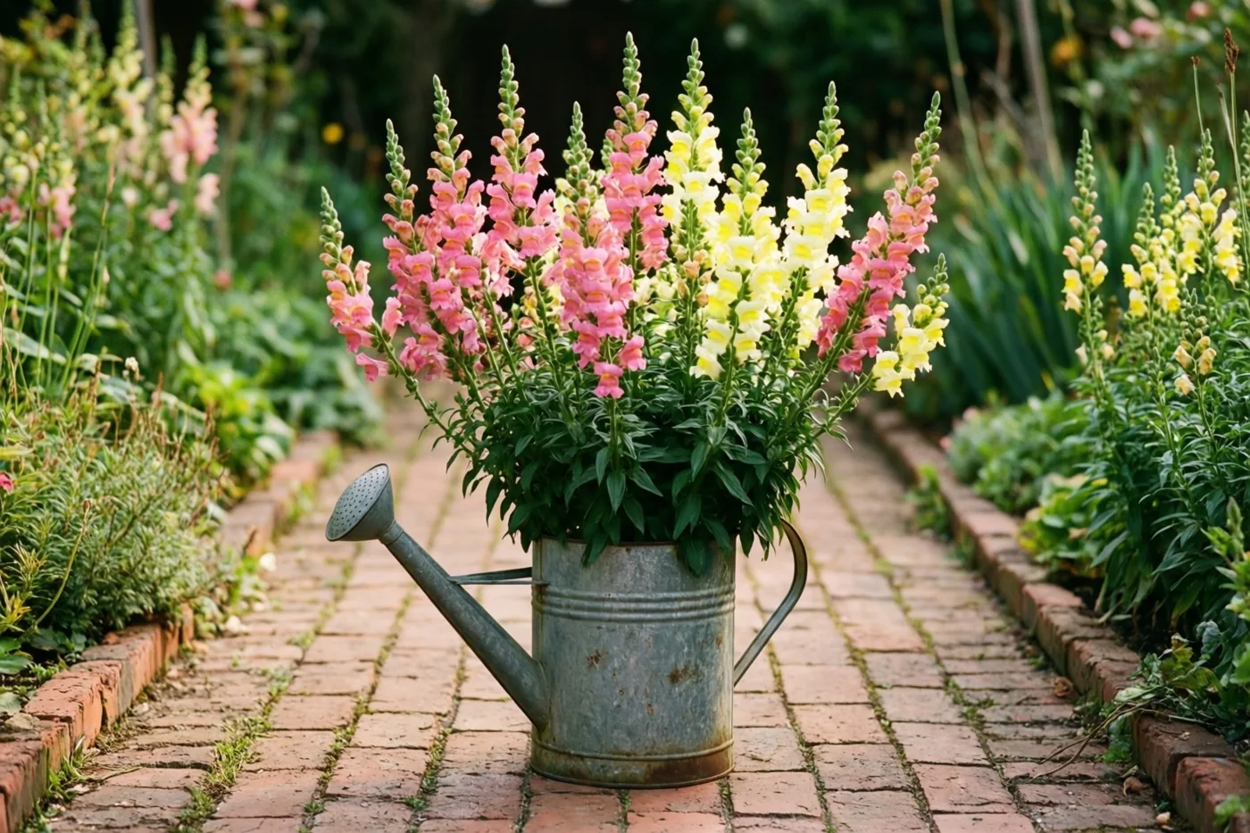 Een oude gedeukte blikken gieter met hoge roze en gele leeuwenbekjes staat op een bakstenen pad in een groene tuin met zacht daglicht.