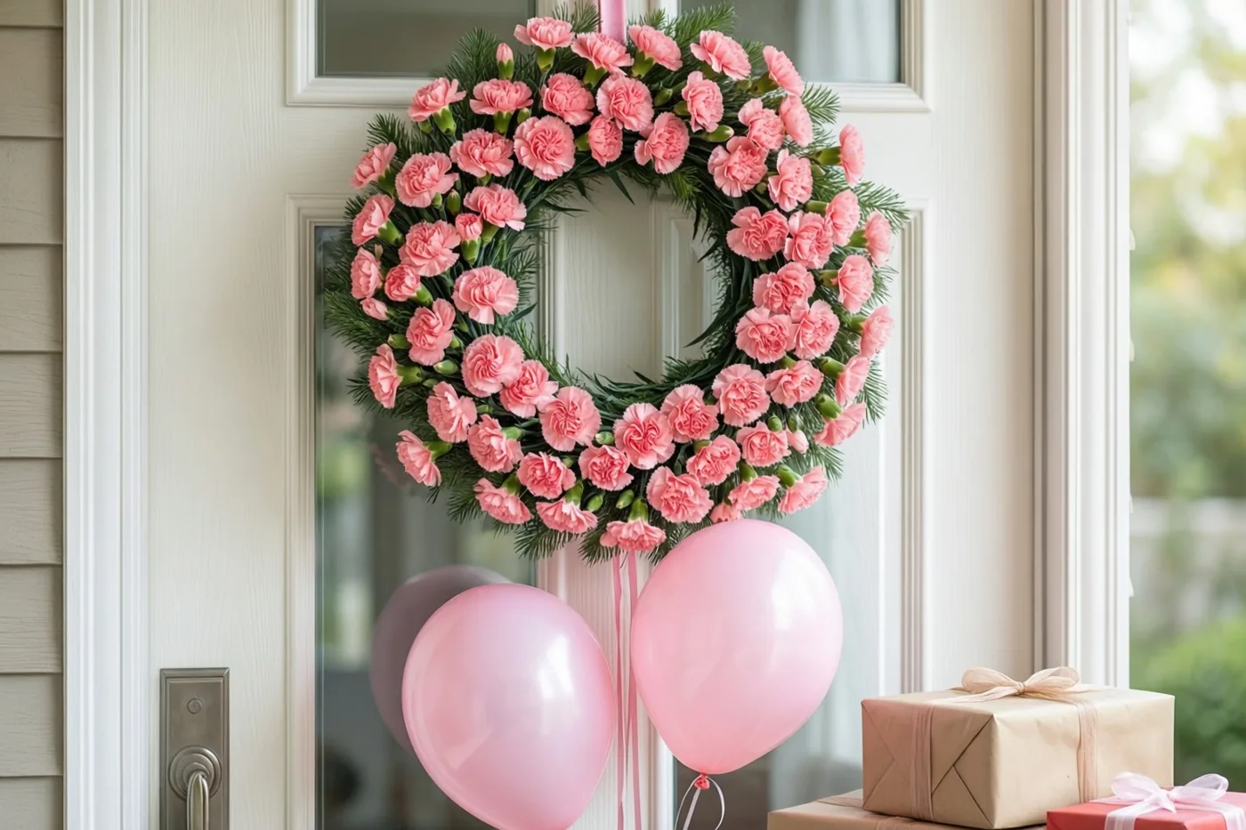 Aan een witte voordeur hangt een hartvormige krans van roze anjers, met roze ballonnen eronder en ingepakte cadeaus op de drempel.