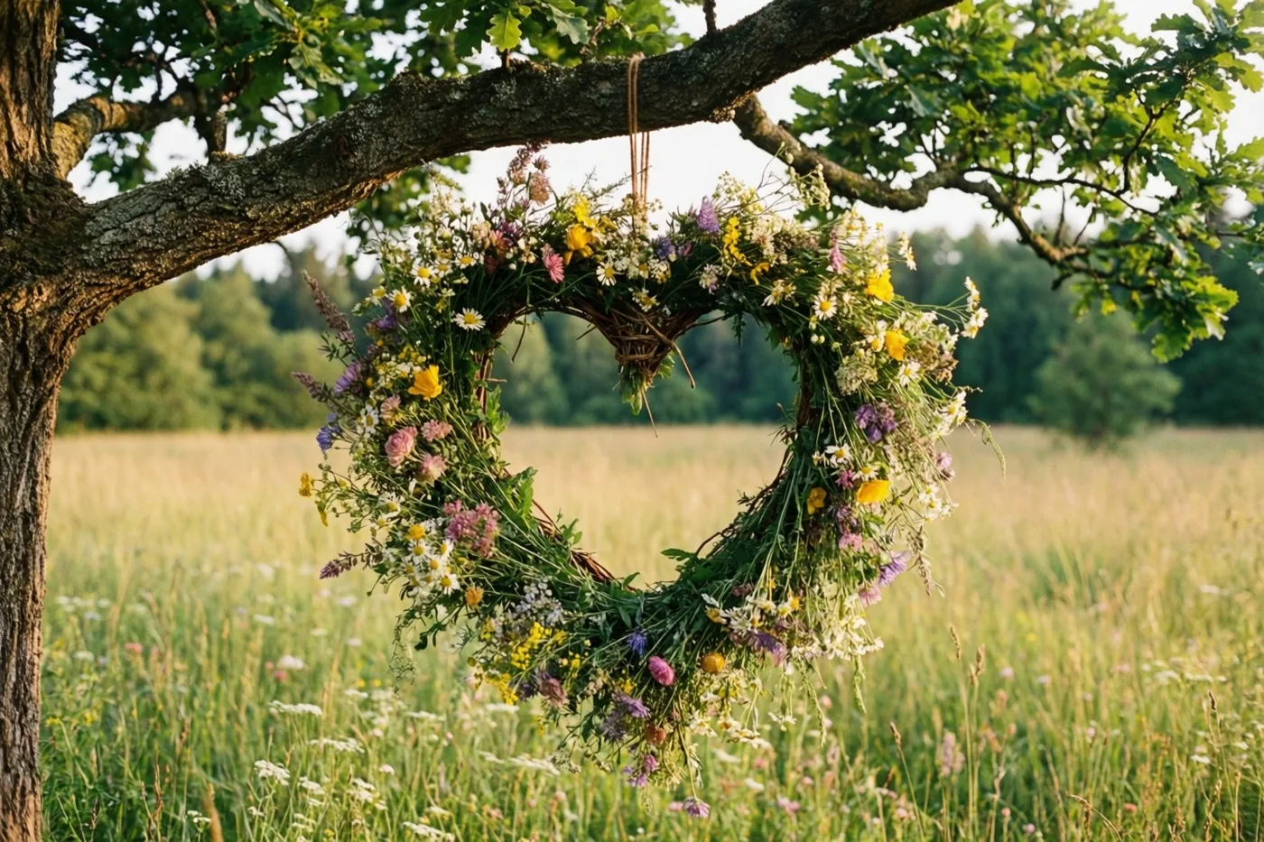 Een hartvormige krans van wilde bloemen hangt aan een dikke eikentak boven een weide in goudkleurig zonlicht, met onscherpe groene bomen en hoog gras op de achtergrond.