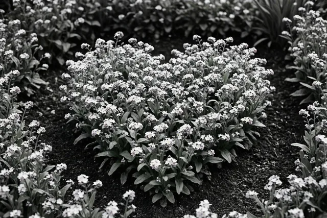 Een zwart-witfoto toont een dichtbegroeid hart van vergeet-mij-nietjes in een tuinperk, omringd door donkere aarde en andere planten.
