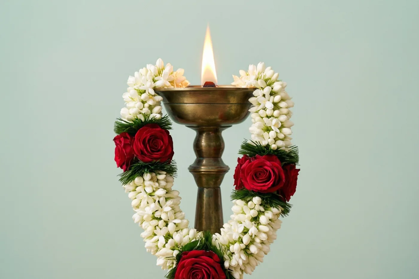 Een hartvormige slinger van witte jasmijn en rode rozen omringt een brandende messing olielamp tegen een effen lichtgroene achtergrond.