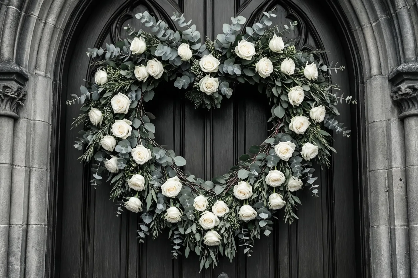 Een hartvormige krans van witte rozen en eucalyptus hangt aan een donkere houten kerkdeur, omringd door grijs metselwerk.