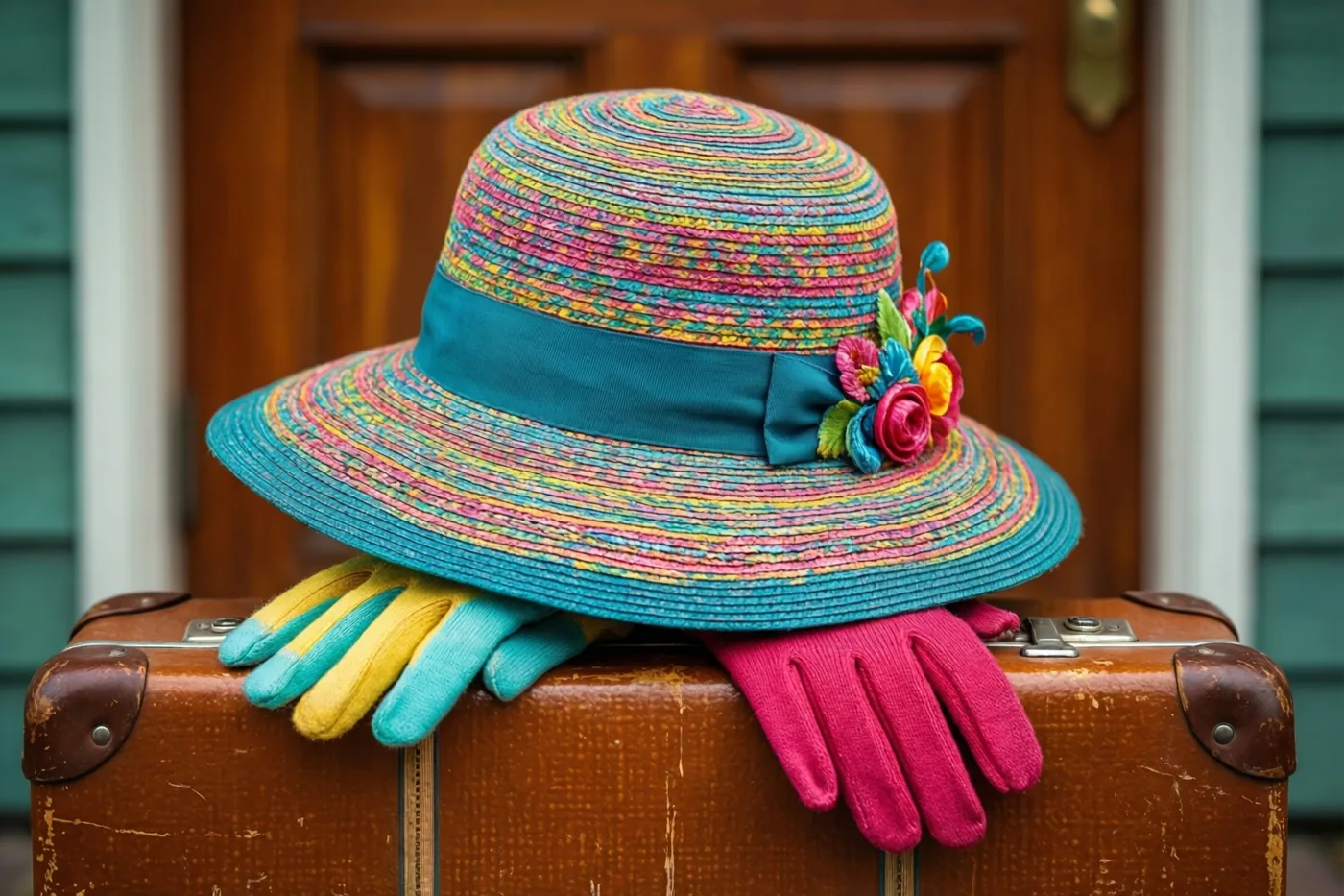 Een kleurrijke strohoed met bloemenversiering en twee verschillende handschoenen liggen op een oude bruine koffer voor een houten deur, met opvallende turquoise, roze en gele tinten.