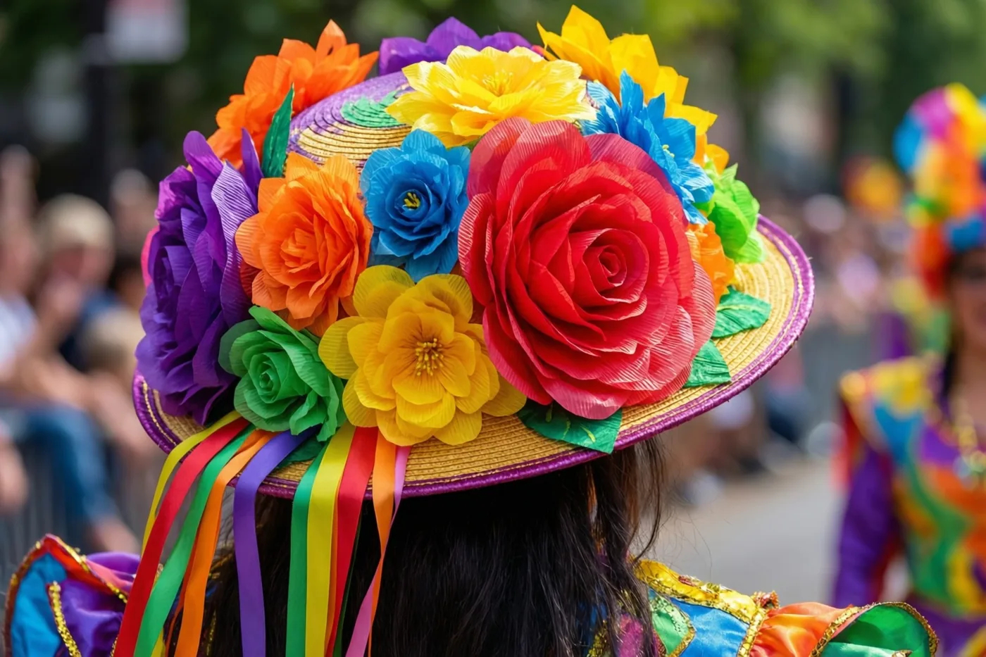 Een danser is van achteren te zien met een breedgerande hoed vol grote, kleurrijke papieren bloemen en regenbooglinten, met onscherpe toeschouwers bij een stoet op de achtergrond.