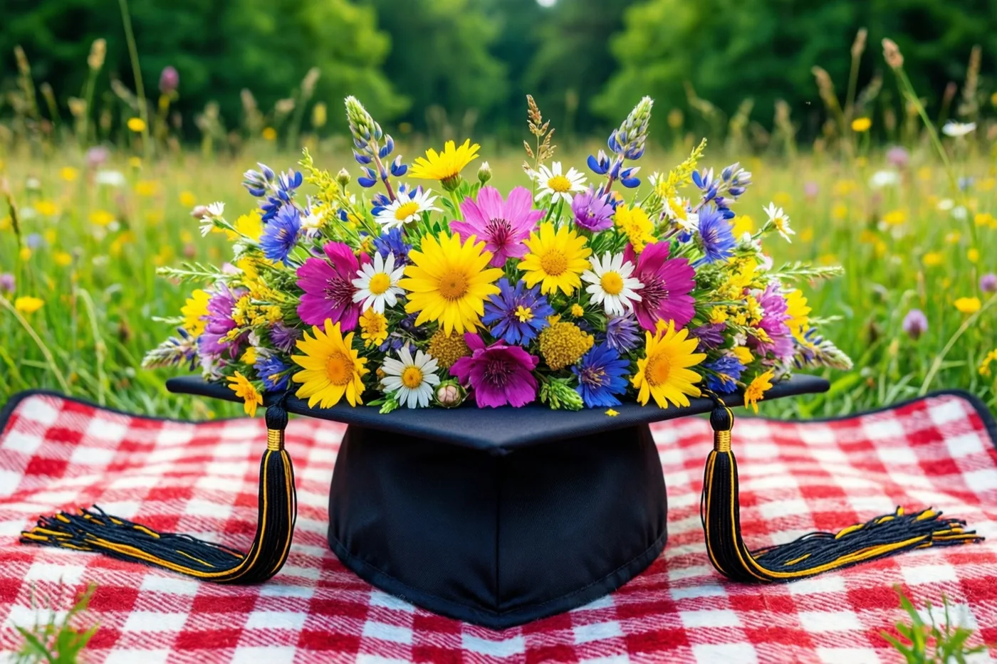 Een afstudeerhoed gevuld met wilde bloemen in geel, paars en blauw staat op een rood-wit geruite picknickdeken in een zonnige weide.