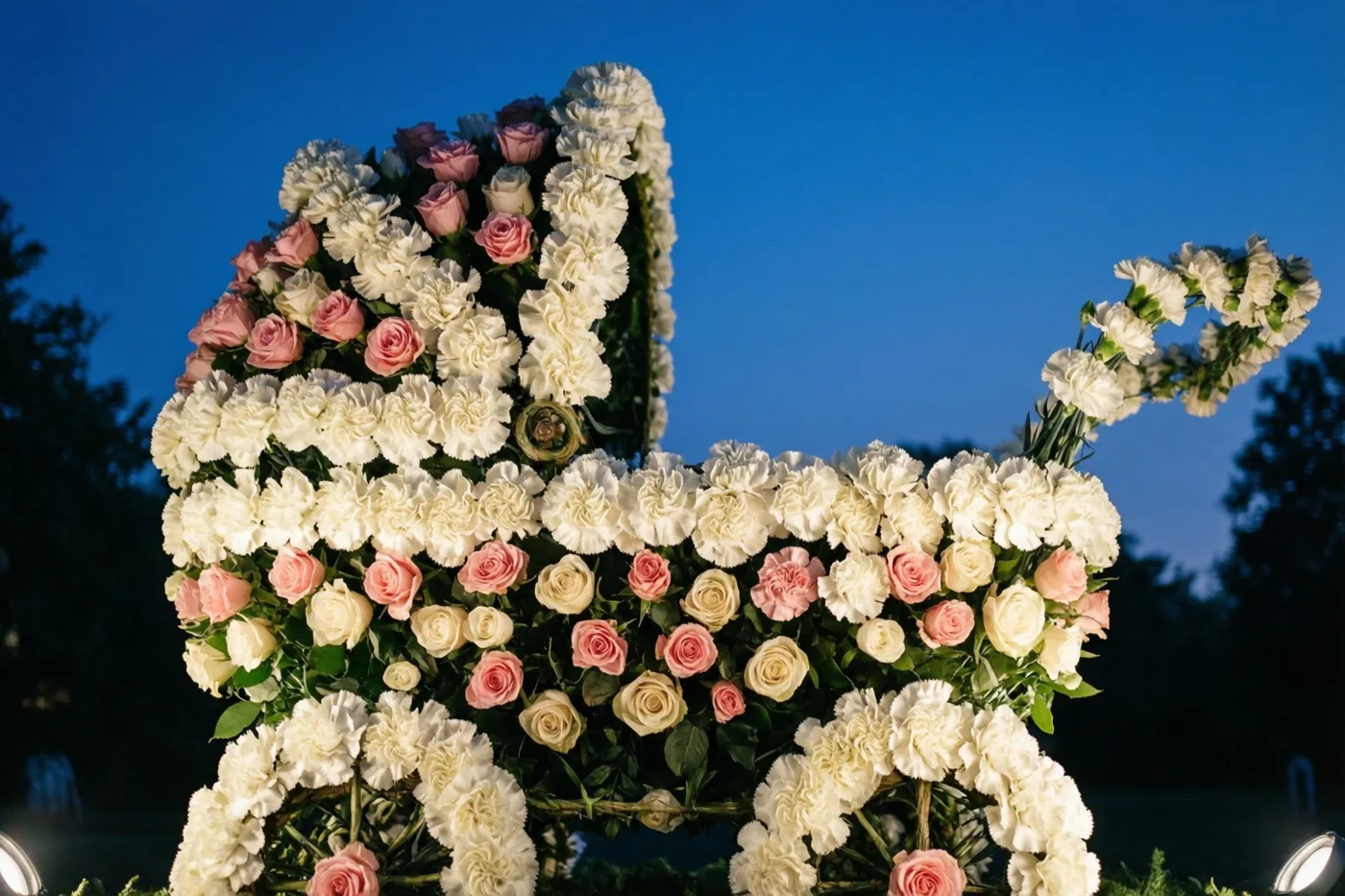 Een groot bloemstuk in de vorm van een kinderwagen, gemaakt van witte anjers en roze rozen, staat tegen een diepblauwe schemerlucht.