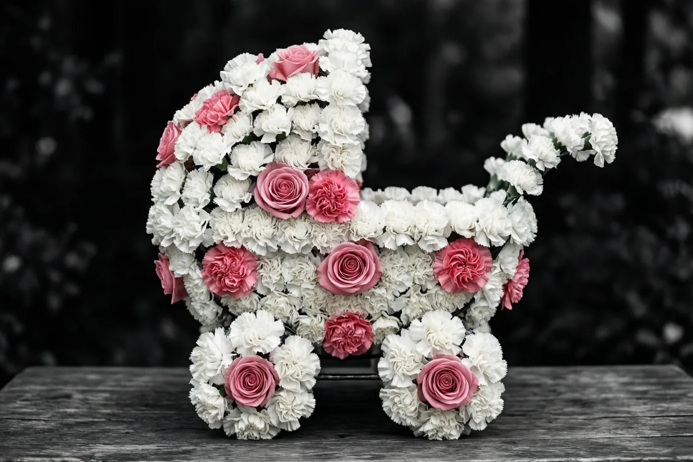 Een bloemstuk in de vorm van een kinderwagen van witte anjers en roze rozen staat op een houten ondergrond tegen een donkere, onscherpe achtergrond.