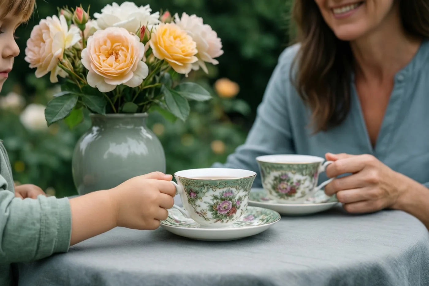 Een kind en een vrouw zitten in een tuin aan een tafel met een vaas rozen en houden elk een theekop met bloemenmotief vast.