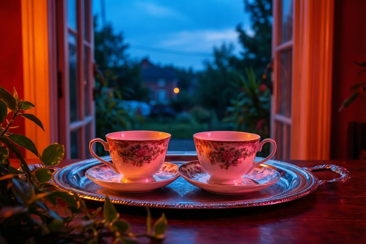 Twee porseleinen kopjes met bloemenmotieven staan op bijpassende schoteltjes op een zilveren dienblad bij een raam, met warm licht binnen en blauwe schemering buiten.