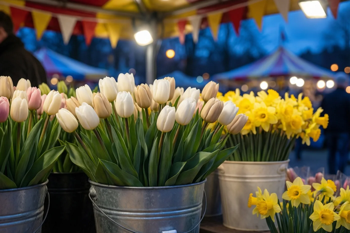 Emmers met witte, roze en gele tulpen en narcissen staan bij een marktkraam onder kleurrijke vlaggetjes, verlicht door warm kunstlicht in de schemering.