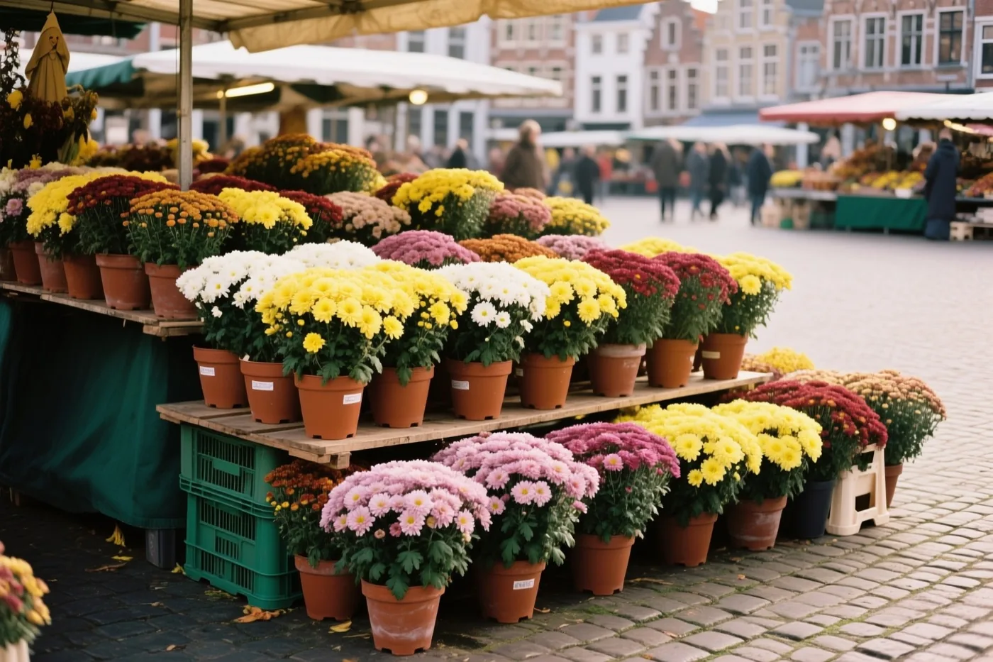 Een bloemenkraam vol kleurrijke potchrysanten staat op een Vlaams marktplein met kasseien en historische gebouwen.