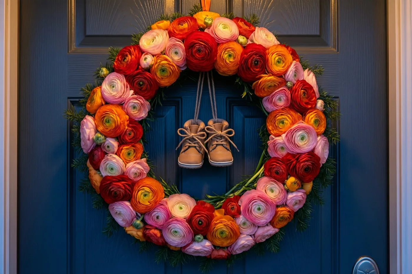 Een krans van ranonkels in rode, roze en oranje tinten hangt aan een donkerblauwe kinderkamerdeur, met kleine lichtbruine babyschoentjes in het midden.