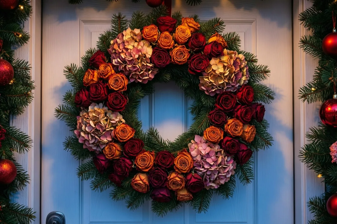 Een kerstkrans van gedroogde rozen, hortensia's en dennentakken hangt aan een witte houten deur in warm licht met rode, oranje en groene tinten.