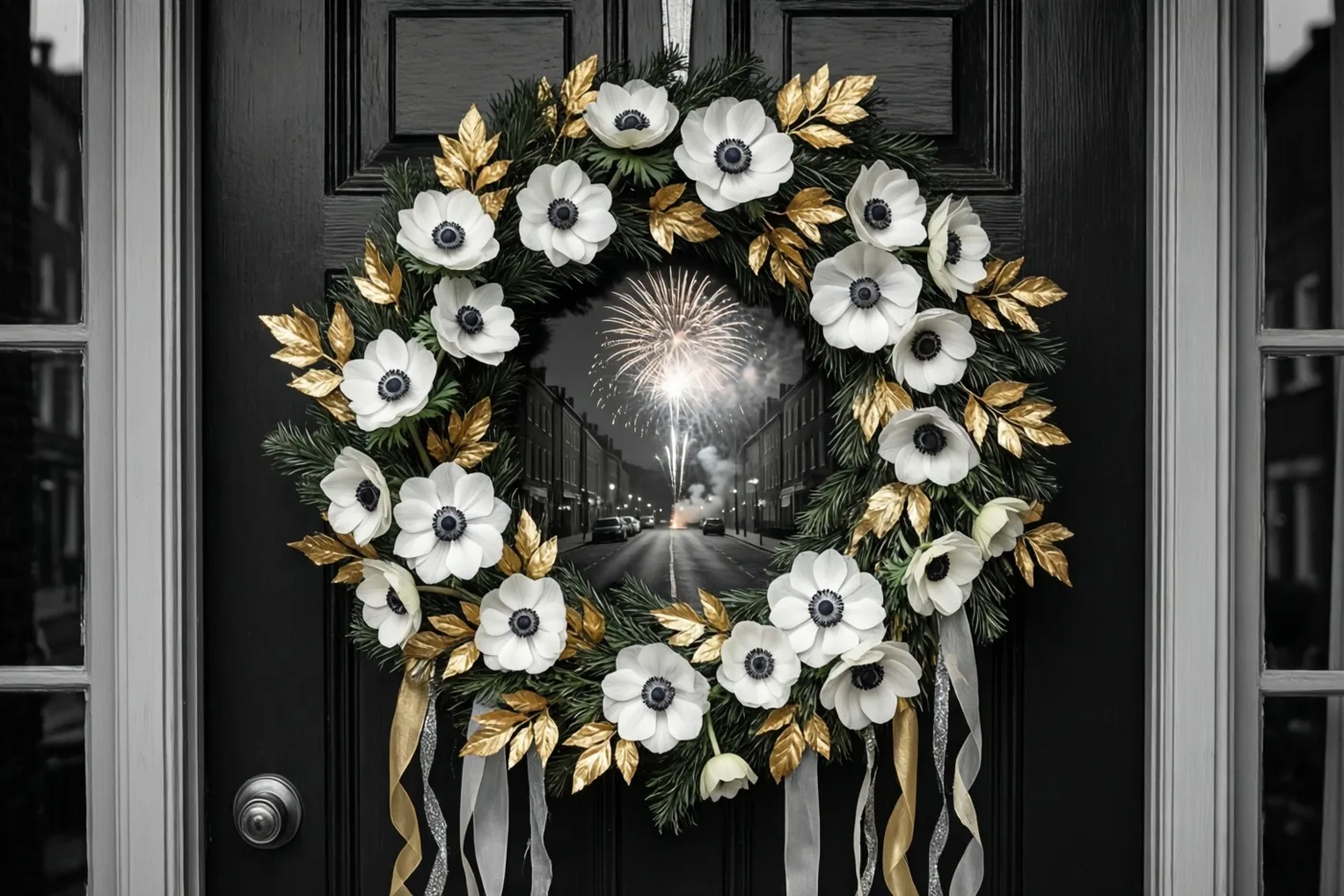 Aan een zwarte voordeur hangt een krans met witte anemonen, goudgeverfde bladeren en slingers, met door het midden zicht op vuurwerk boven de straat.