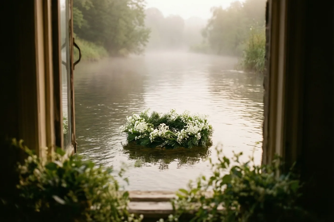 Door een open raam met groen op de voorgrond zie je een kleine witte bloemenkrans op een kalme rivier onder laaghangende mist.