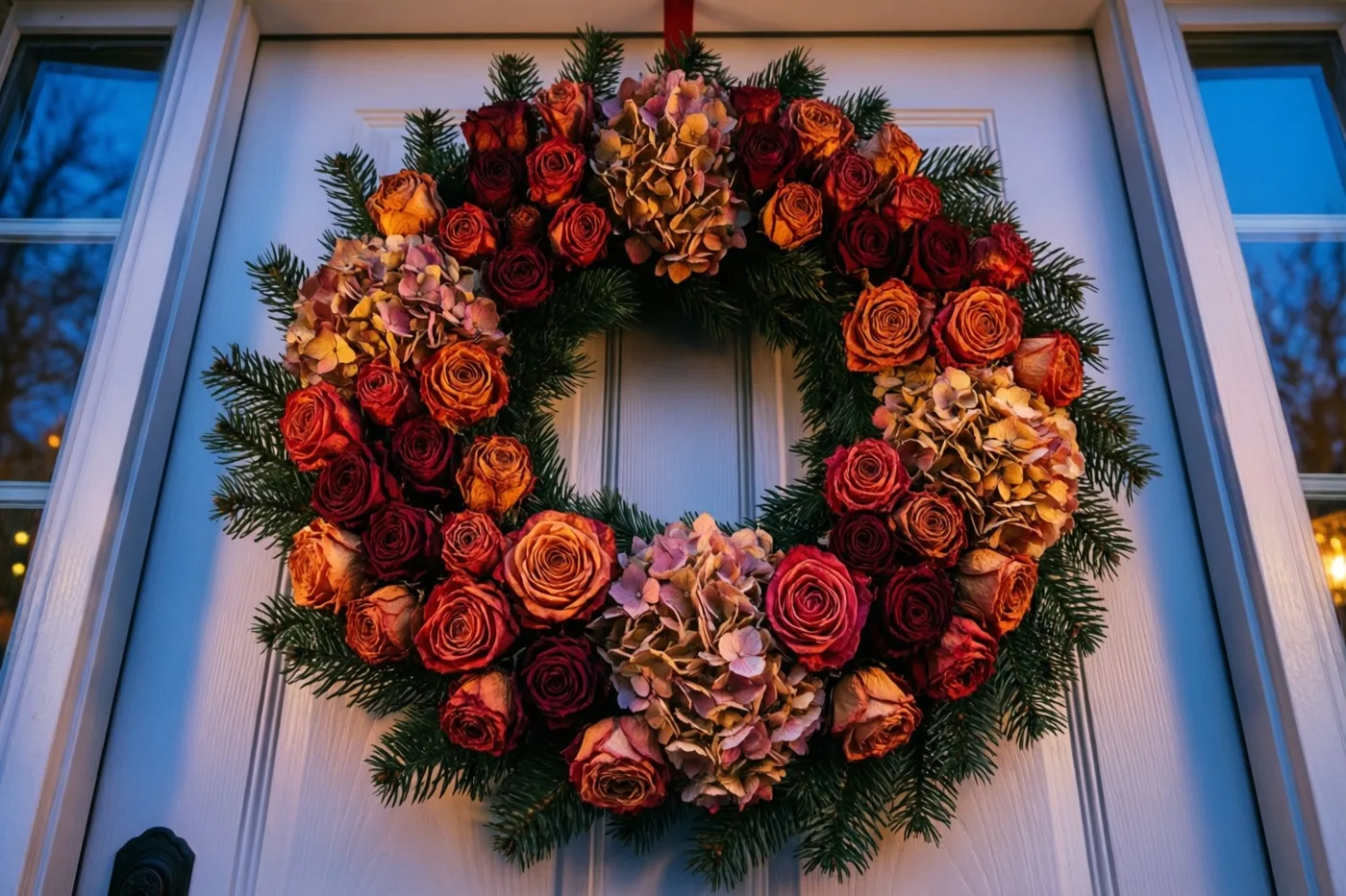 Een kerstkrans van gedroogde rozen, hortensia's en dennentakken hangt aan een witte houten deur, met koelblauwe ramen op de achtergrond in de schemering.