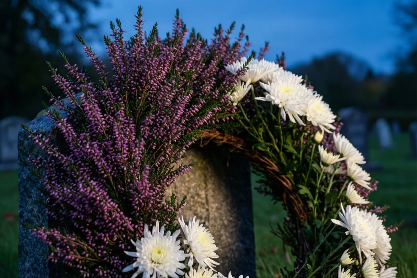 Een krans van paarse heide en witte chrysanten leunt bij schemering tegen een verweerde grafsteen, in een koelblauwe omgeving.