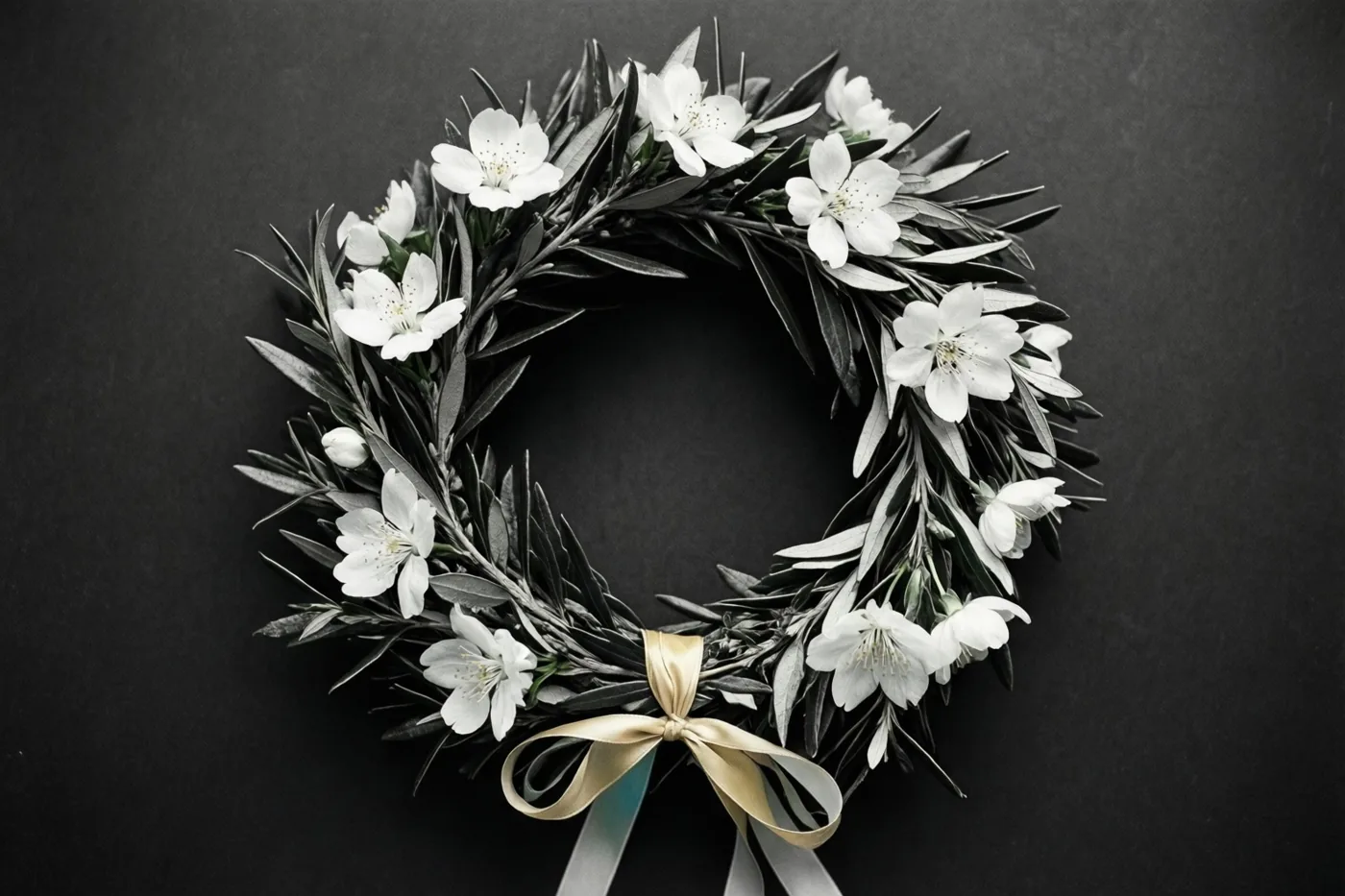 Een ronde lauwerkrans met witte bloemen en een gouden lint staat centraal tegen een donkere achtergrond.