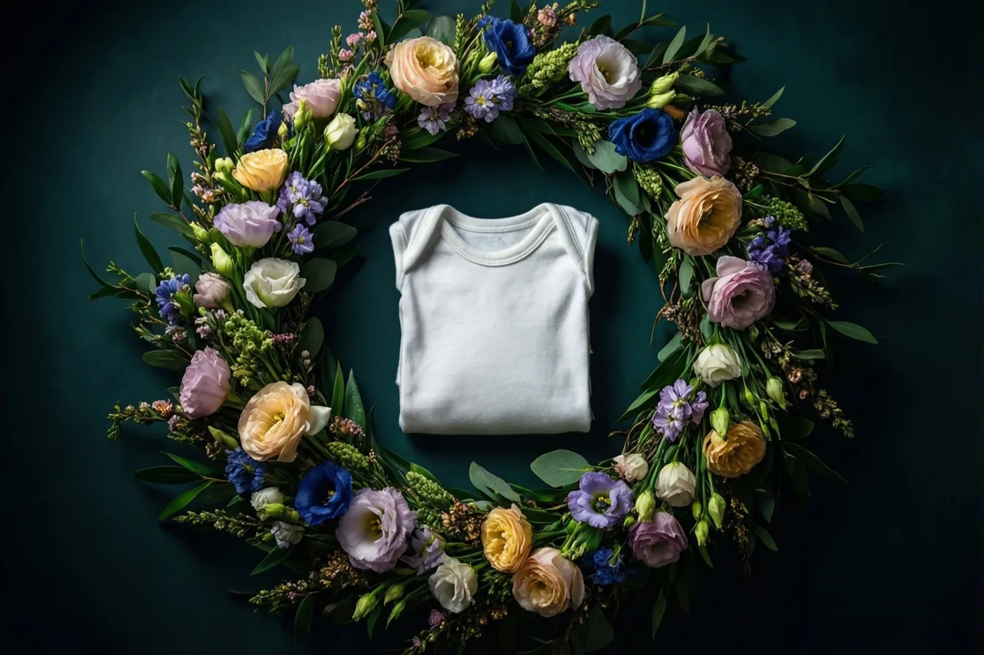 Een opgevouwen witte babybody ligt in een ronde krans van pastelkleurige lentebloemen en groen tegen een donkerblauwgroene achtergrond.
