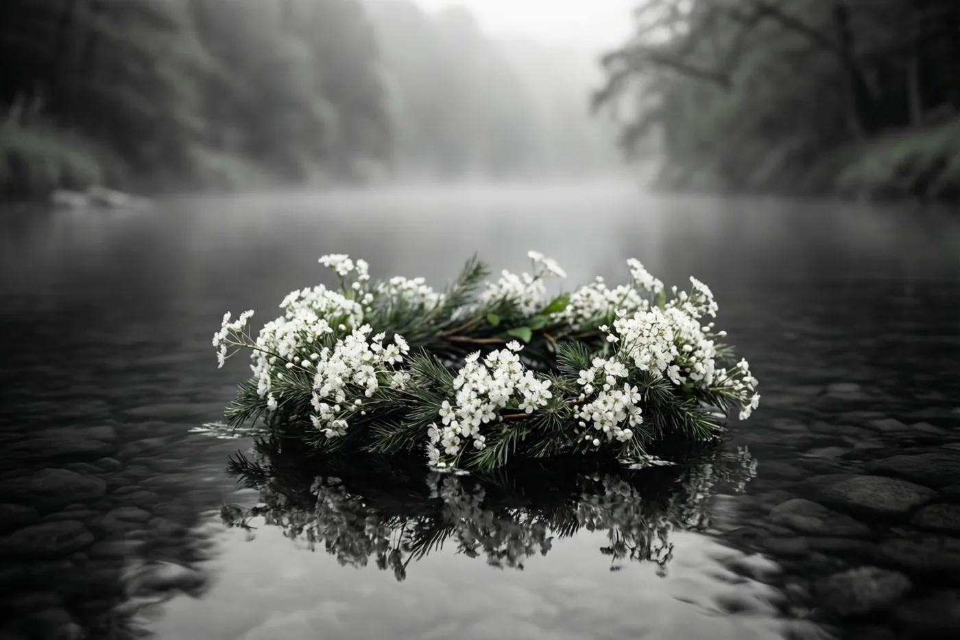 Een kleine witte bloemenkrans drijft op een kalme rivier met een spiegelend wateroppervlak, onder laaghangende mist in een bosrijke omgeving.
