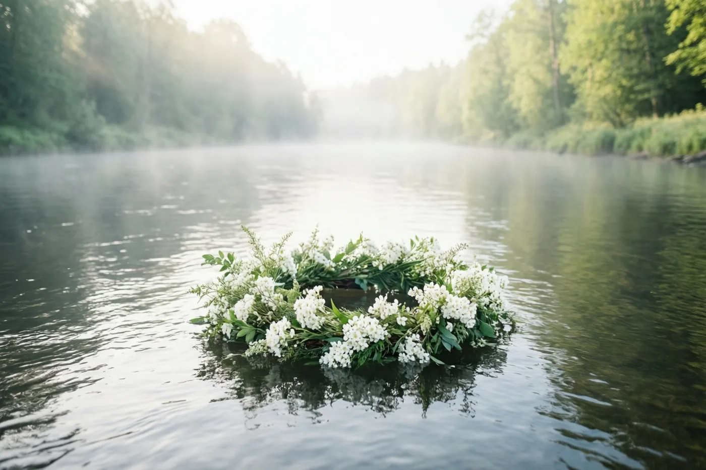 Een kleine krans van witte bloemen drijft op een kalme rivier onder laaghangende mist, met groene bomen langs de oevers.