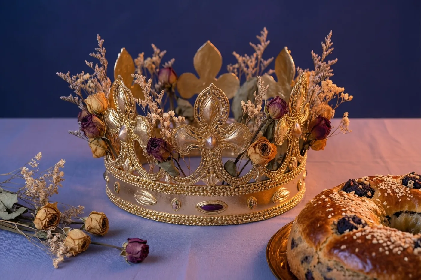 Een gouden kroon met droogbloemen en bladeren staat op een tafel naast een driekoningentaart, tegen een diepblauwe achtergrond in zacht licht.