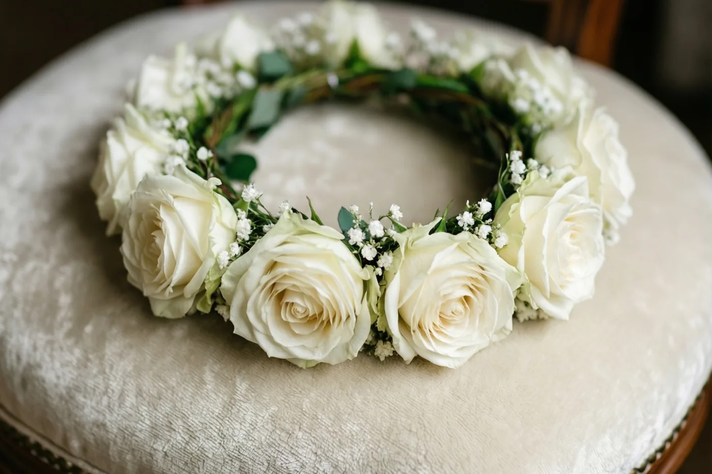 Een fijne bloemenkroon van witte rozen en gipskruid ligt op een zacht ivoorkleurig fluwelen kussen.
