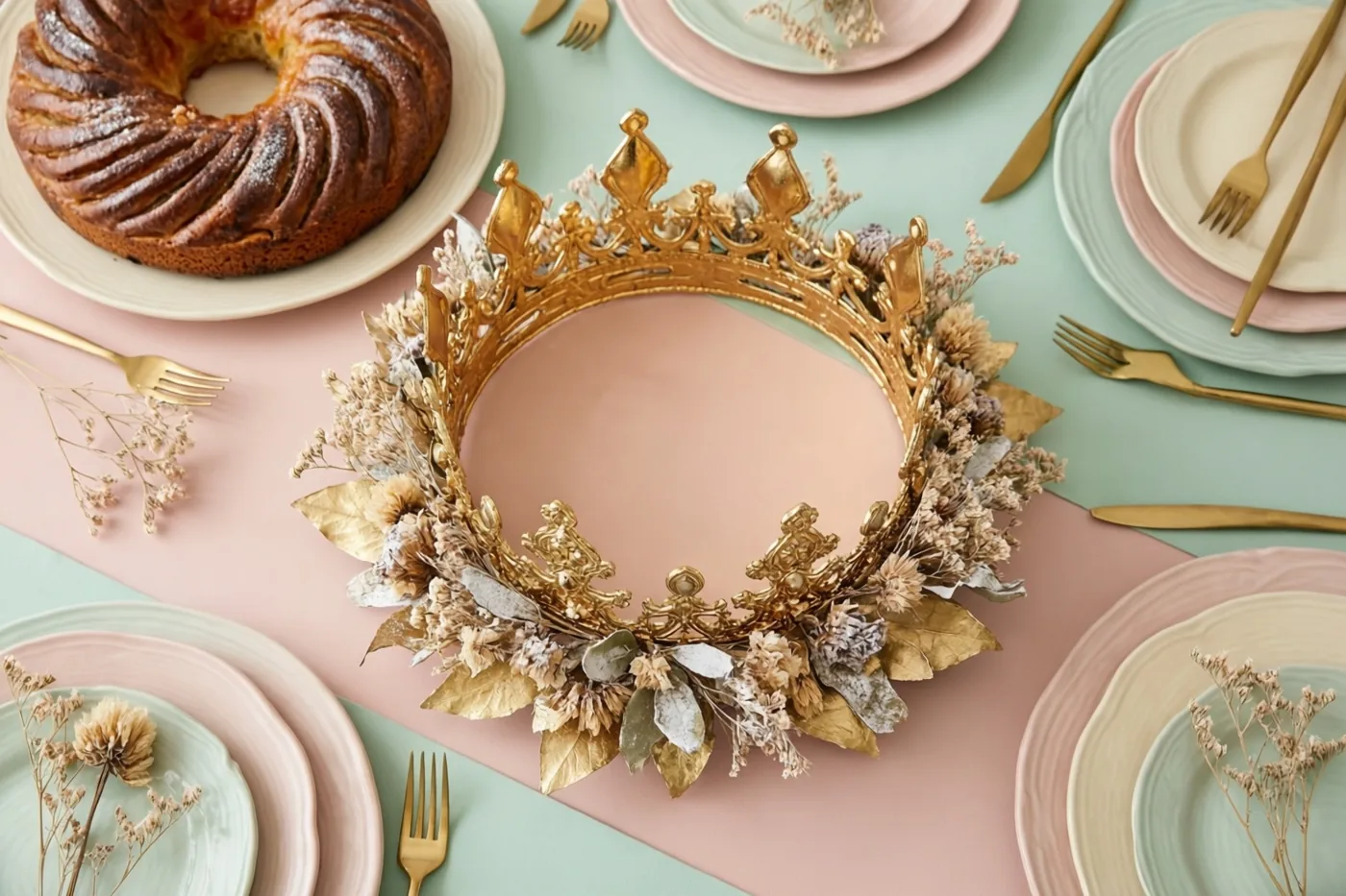 Een gouden kroon met droogbloemen en bladeren staat op een feestelijk gedekte tafel met borden, bestek en een ringtaart, in roze, mintgroene en gouden tinten.