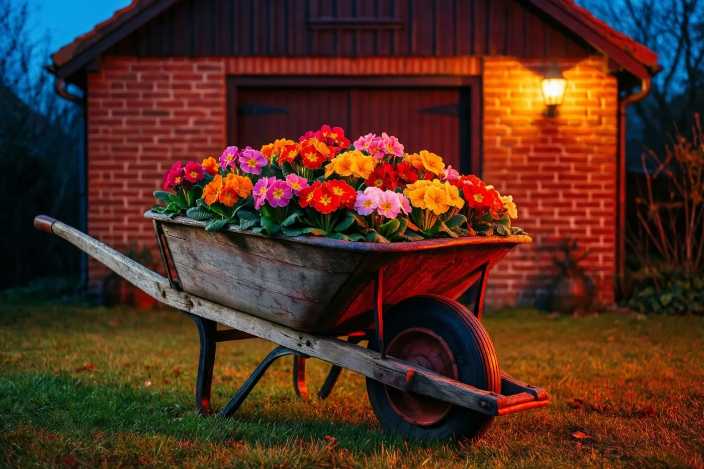 Een oude houten kruiwagen vol kleurrijke sleutelbloemen staat op het gras voor een bakstenen schuurtje, in warm avondlicht van een wandlamp.