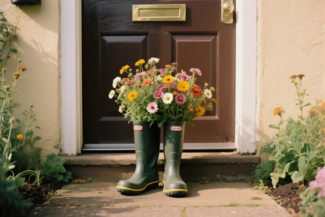 Een paar groene rubberlaarzen vol kleurrijke tuinbloemen staat in het zonlicht op een stenen drempel voor een donkerbruine deur.