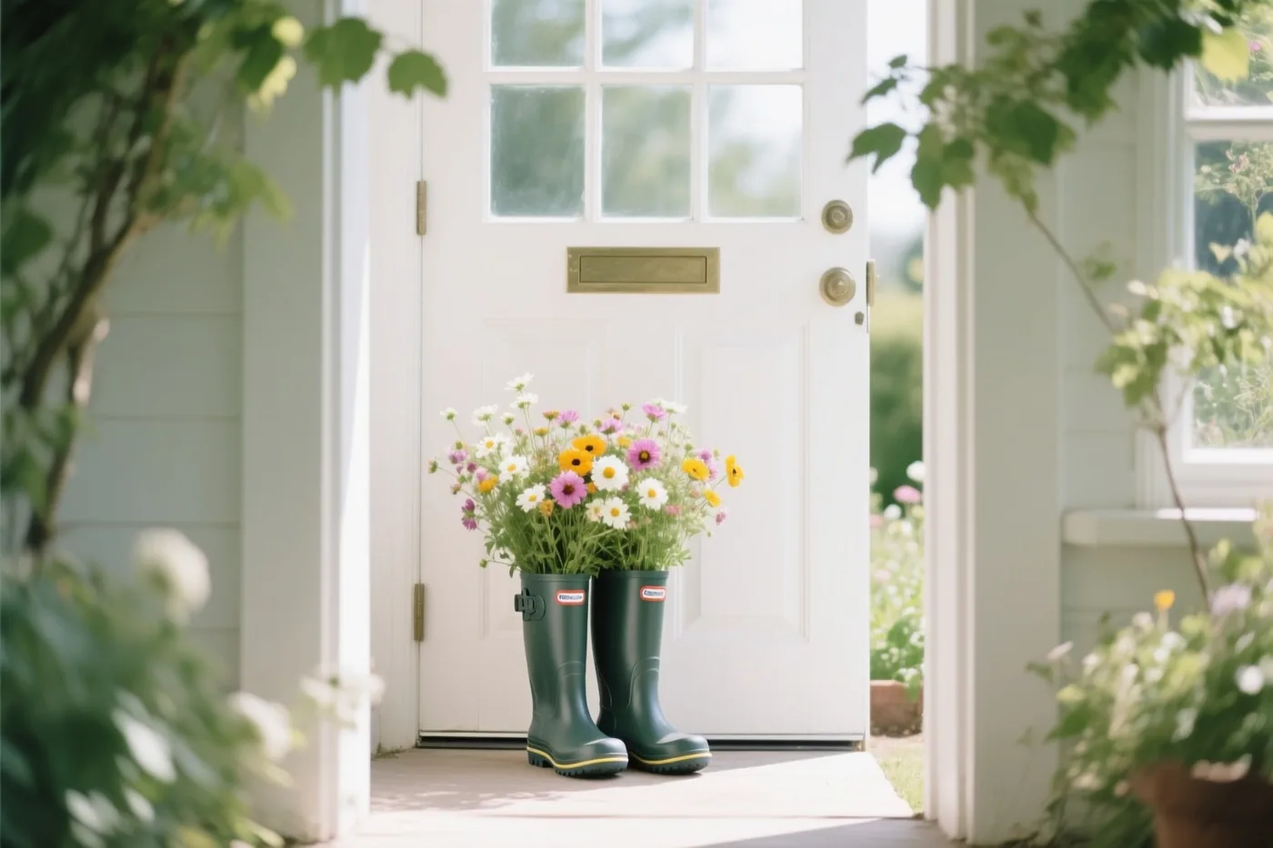 Een paar groene rubberlaarzen met kleurrijke tuinbloemen staat voor een witte deur, omringd door groen in zacht daglicht.