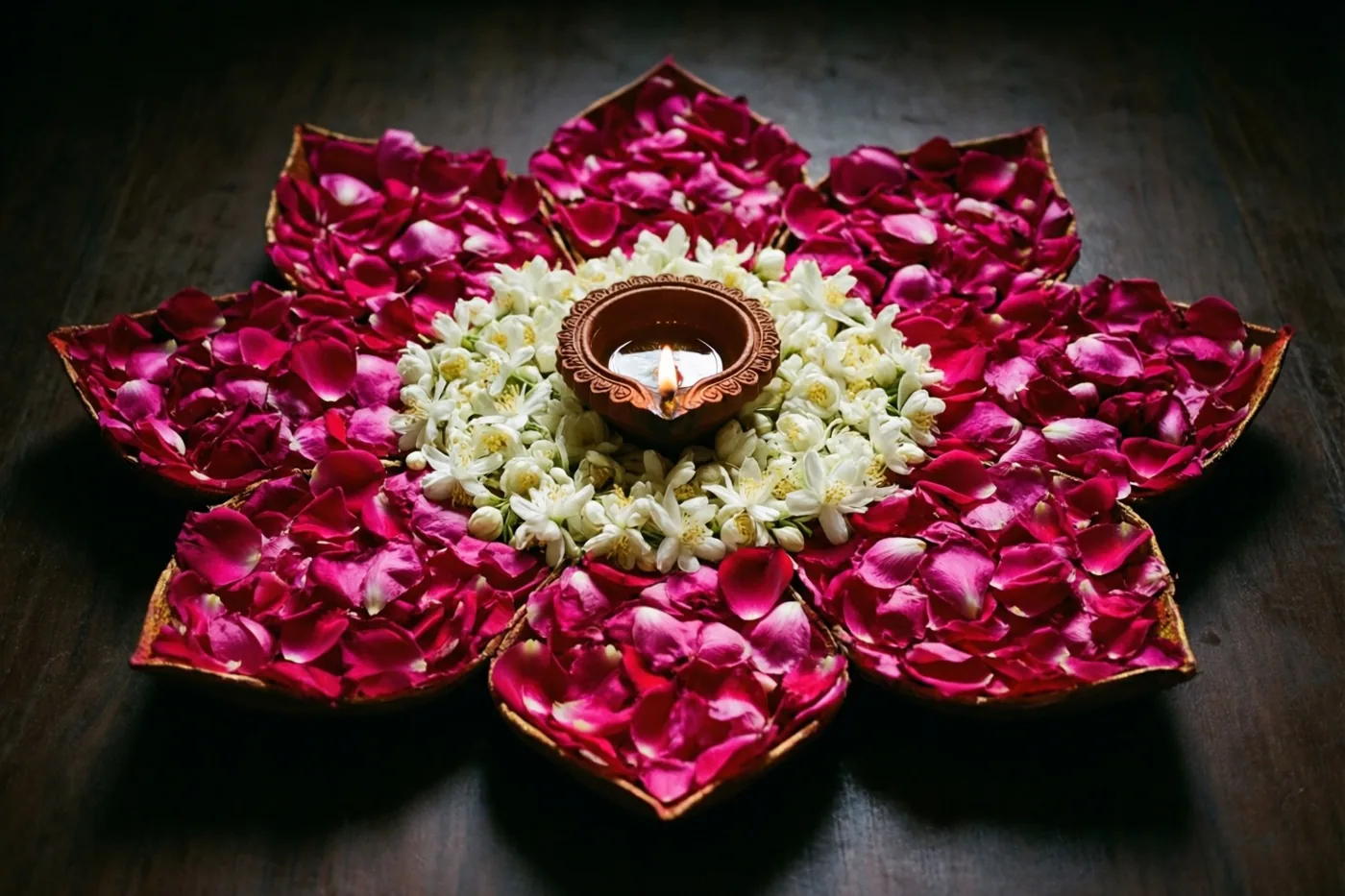 Roze rozenblaadjes en witte jasmijn vormen een lotusvormige rangoli rond een brandend olielampje op een donker houten oppervlak.