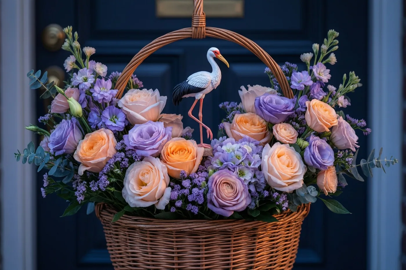 Aan een donkerblauwe voordeur met een messing brievenbusgleuf en deurknop hangt een rieten mand met pastelrozen, opvulbloemen en een ooievaarsfiguurtje op een stok.