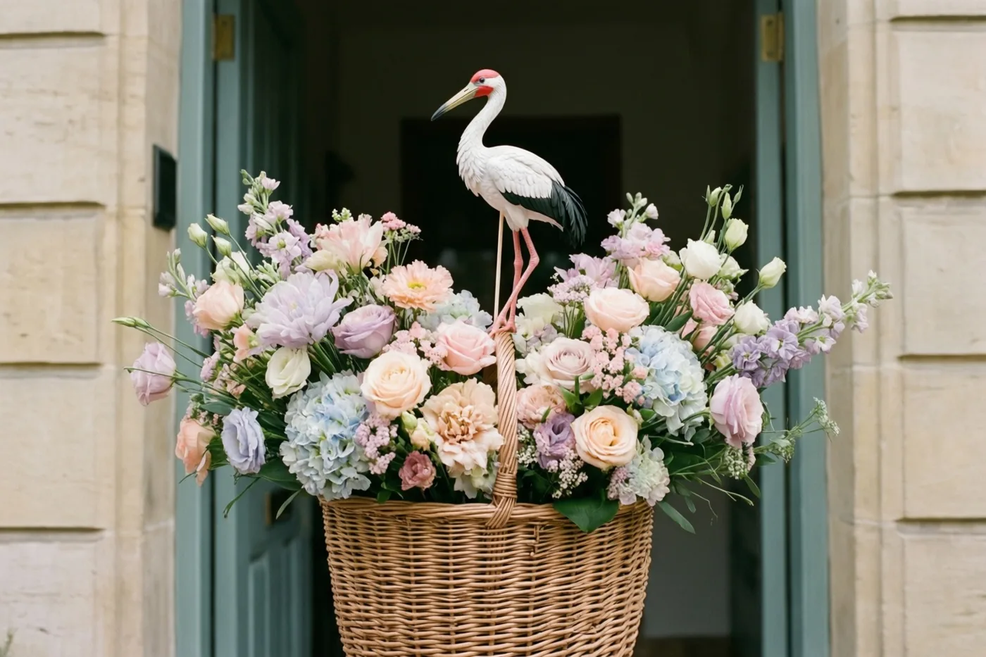 Een rieten mand vol pastelkleurige bloemen met een klein ooievaarsfiguurtje op een stok staat op een deurdrempel bij een stenen gebouw met een groene deur.