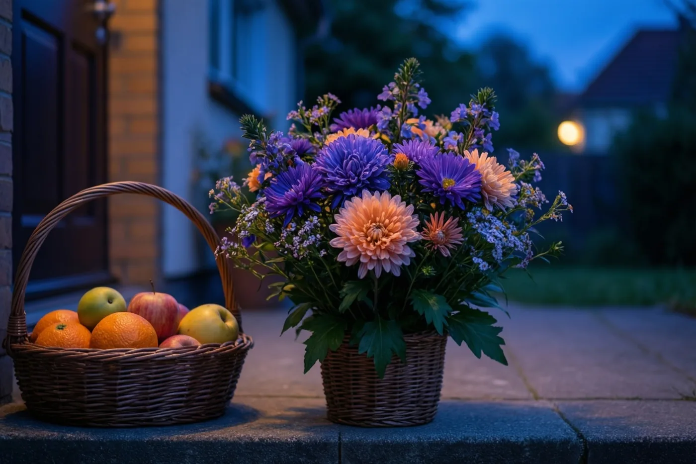 Een rieten mand met kleurrijke bloemen staat naast een fruitmand op een stenen drempel in warm licht tegen een blauwe schemerachtergrond.