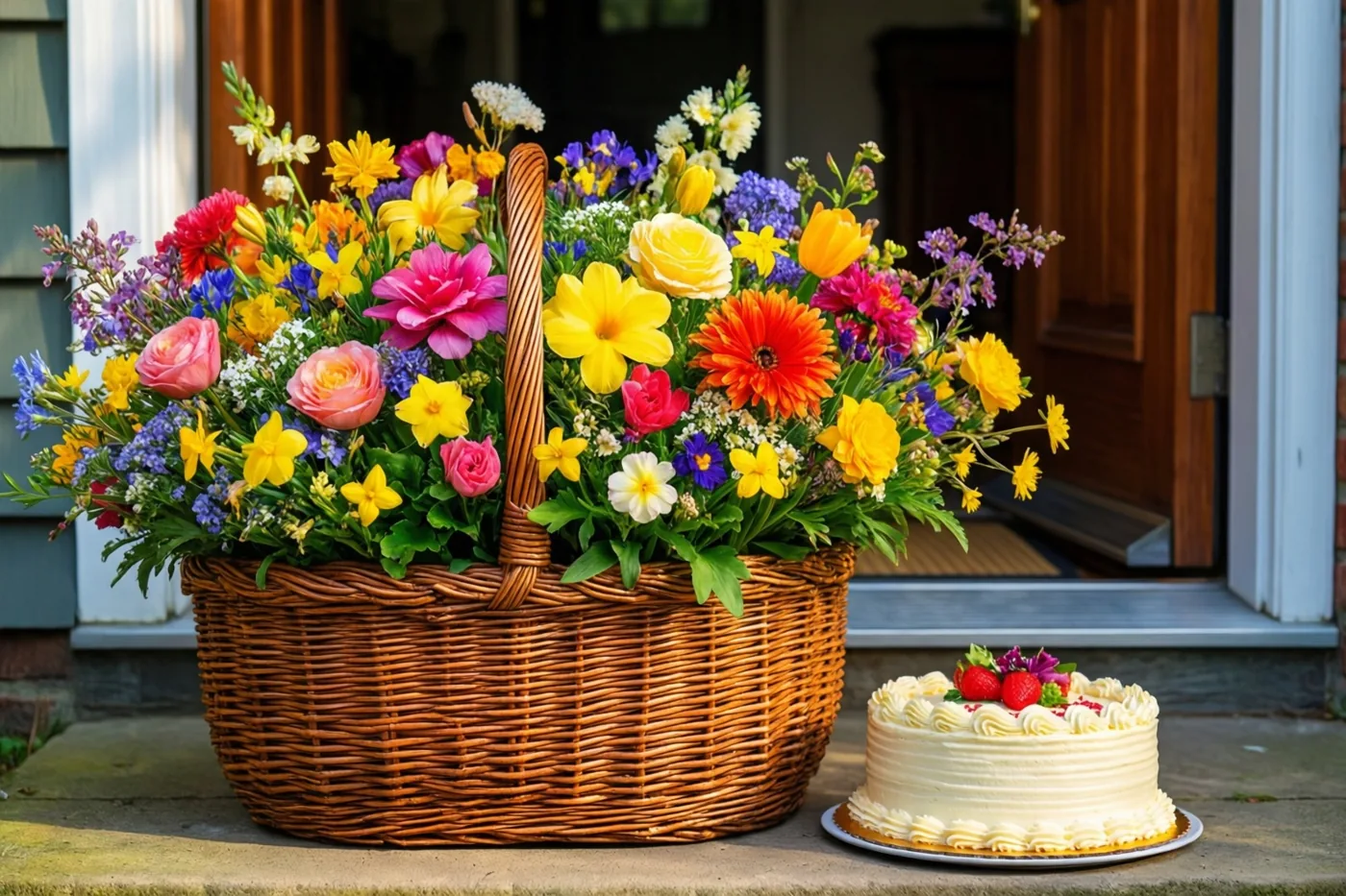 Een grote rieten mand vol kleurrijke lentebloemen staat op een drempel naast een klein taartje met wit glazuur en aardbeien, voor een houten deur in natuurlijk zonlicht.