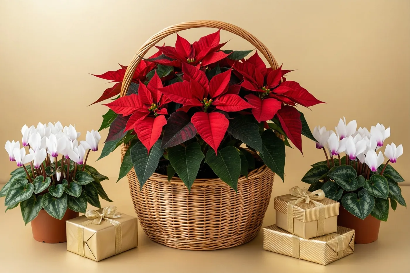 Een rieten mand met rode kerststerren staat tussen twee potten witte cyclamen, met gouden geschenkdozen op een effen beige ondergrond.