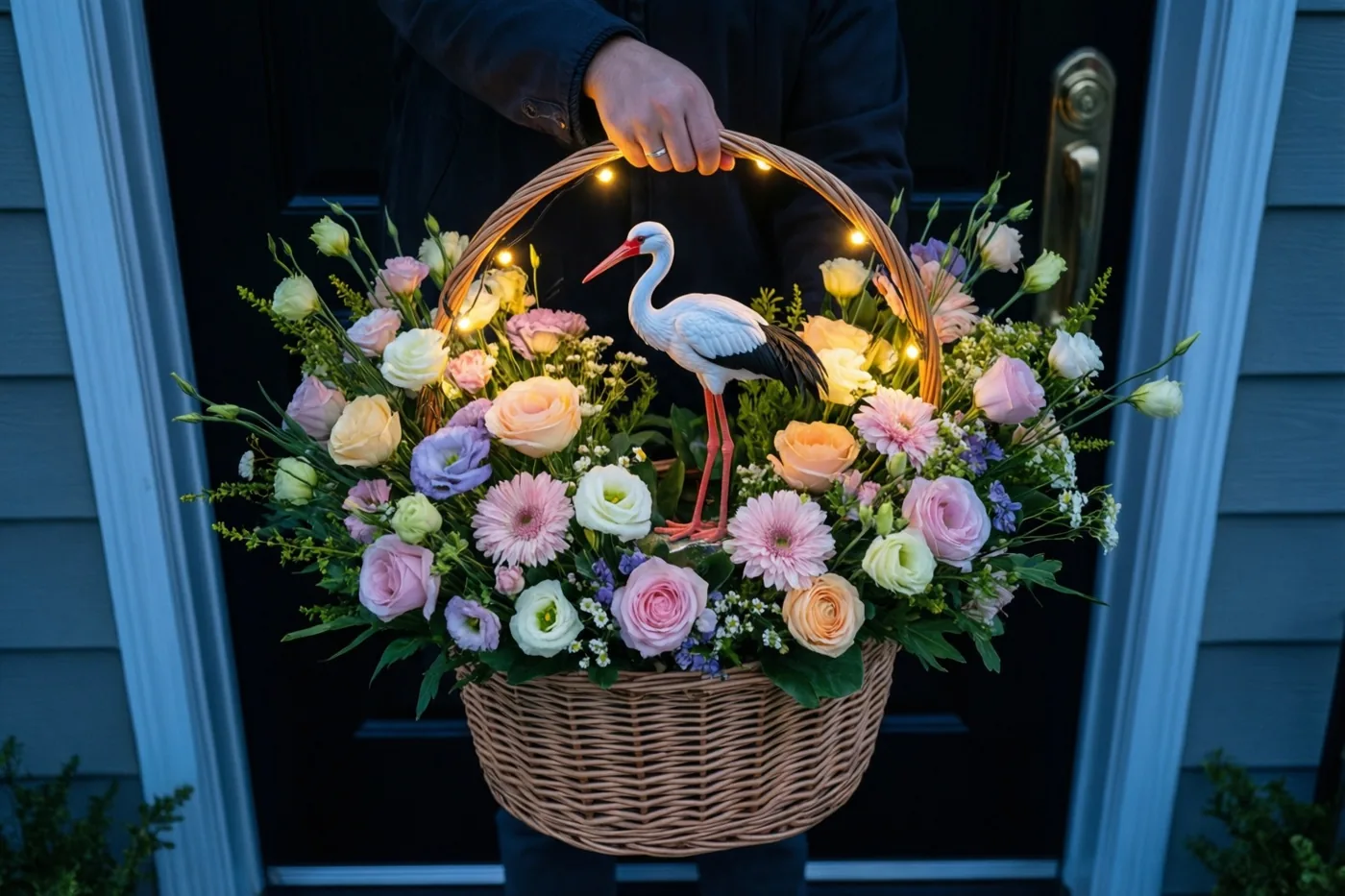 Iemand houdt een rieten mand met pastelkleurige bloemen en een klein ooievaarsfiguurtje voor een donkere deur, zacht verlicht door een lichtslinger.