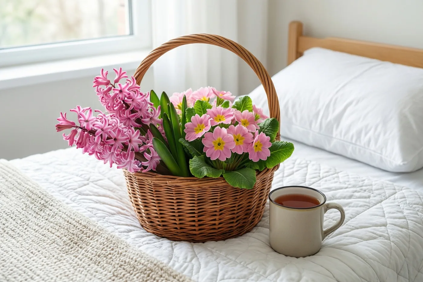 Een rieten mand met roze hyacinten en primula’s staat naast een mok thee op wit doorgestikt beddengoed, met een raam en houten hoofdbord op de achtergrond.